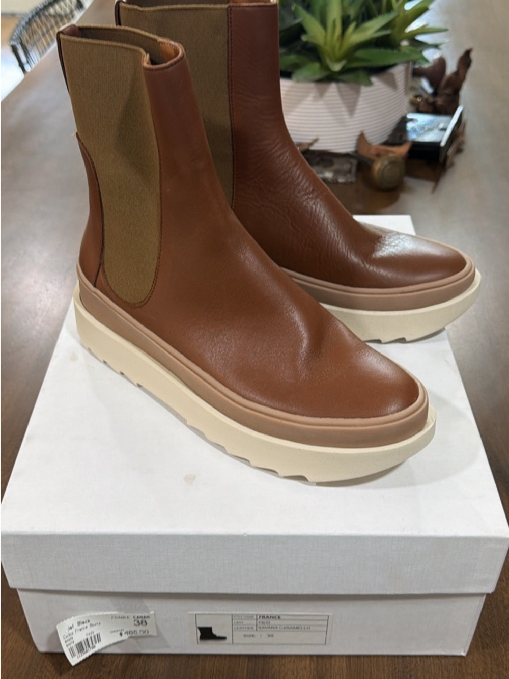 COCLICO Tan and Cream Leather Platform Chelsea Booties